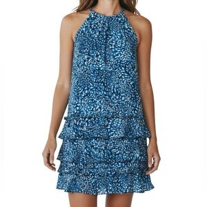 NWT RAMY BROOK Blue Patterned Sleeveless Halter Layered Ruffle Dress Size Large